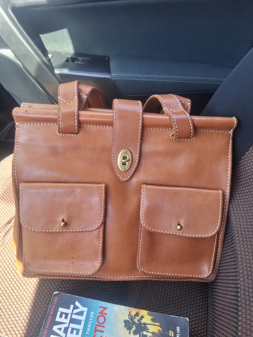 Vintage Fossil Brown Leather Tote with Front Pockets